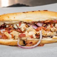 Chicken Carbonara Sandwich · Chicken, bacon, alfredo sauce, provolone cheese, onions, mushrooms.