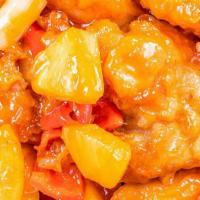 Sweet and Sour Chicken · Battered chicken covered with sweet and sour sauce, pineapple, carrots, bell pepper, and whi...
