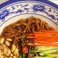 Zha Jiang Mian · Thick noodles with gorund pork and soybean paste.