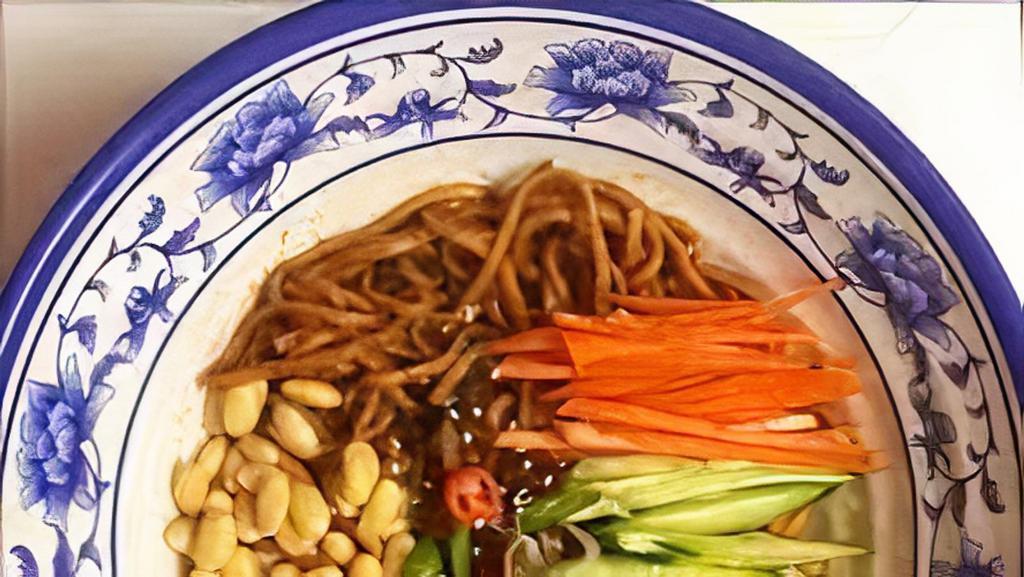 Zha Jiang Mian · Thick noodles with gorund pork and soybean paste.