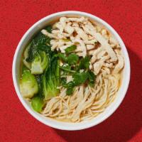 Chicken Noodle Soup · Chicken with thick noodles and bok choy in a chicken based soup.