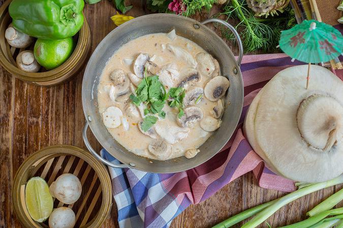 Tom Kha Gai. · Traditional Thai chicken soup in coconut milk, seasoned with mushroom, lemongrass, and galangal. Available substitution with other meat or seafood (chicken, pork, beef, tofu with no charge, shrimps, calamari, fish, seafood or duck for an additional charge)