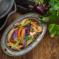Ma Keur Gai (Spicy Eggplant) · Spicy eggplant. Sauteed julienne chicken with eggplant, bell peppers and basil in garlic chi...