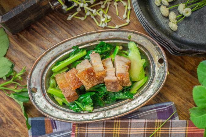 Kana Moo Grob (Chinese Broccoli) · Chinese broccoli. Stir-fried crispy pork belly with Chinese broccoli in oyster-garlic sauce. Mild spicy