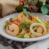 iThai Seafood Noodles · Stir-fried garlic noodles with combination seafood, green beans, bell peppers, and fresh bas...