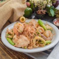 Thai Sukiyaki · Served soup or stir-fried. Silver noodles with calamari, prawns, chicken, Napa cabbage and a...