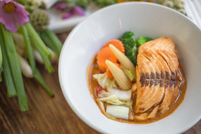 Choo-Chee Salmon · Flame-grilled salmon filet topped with Thai spiced choo-chee curry sauce