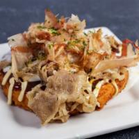 Beef Cheesy Okonomiyaki ビーフチーズお好み焼き · 6” inches Japanese savory pancake topped with sliced beef, garlic cheesy sauce, mayonnaise, ...