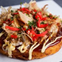Okonomiyaki お好み焼き · 6” inches Japanese savory pancake topped with red ginger, mayonnaise, okonomiyaki sauce, bon...