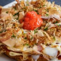 Mentaiko Cheesy Okonomiyaki 明太子チーズお好み焼き · 6” inches Japanese savory pancake topped with spicy cod roe, garlic cheesy sauce, mayonnaise...