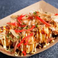 Takoyaki たこ焼き · -6 pc of Japanese fried octopus balls topped with red ginger, mayonnaise, okonomiyaki sauce,...