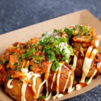 Kimchi Spicy Cheesy Takoyaki スパイシーキムチチーズたこ焼き · -6 pc of Japanese fried octopus balls topped with spicy kimchi, garlic cheesy sauce, scallio...