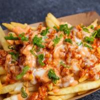 Spicy Pork Nacho Fries スパイシーポークチーズフライ · *caution: peanut product* Fries topped with cheesy spicy pork gravy, scallion, spicy mayonna...