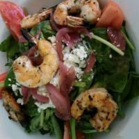 Prawn Salad · Grilled jumbo prawns on a bed of mixed greens, Caesar or spinach salad.
