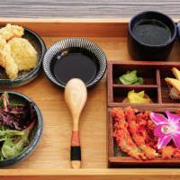 Katsu Don · Fried chicken, egg and onion over rice served with house salad miso soup & tempura