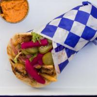 Spitfire Chicken (PITA) · spicy feta, pickled vegetables, greens, (fries wrapped in Pita)