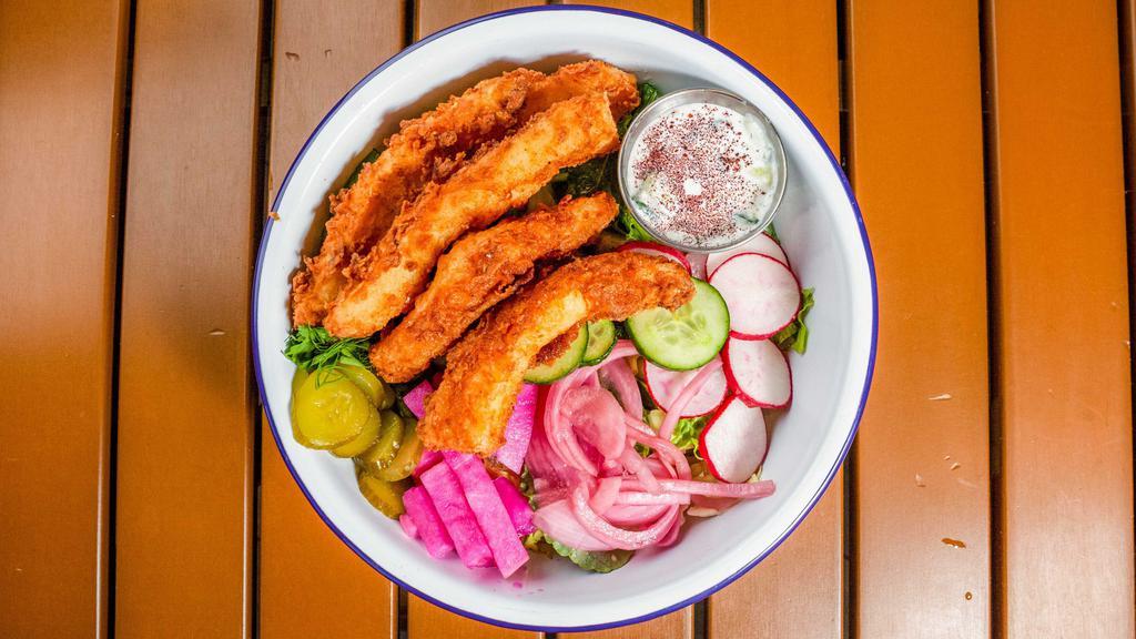 Calamari Po'boy (SALAD) · calamari, tzatziki, herb salad, pickled onions, pickled turnips, radishes, pickled cucumbers and cucumbers