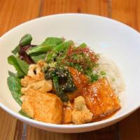 (v) Spicy Miso Fried Tofu Bowl · Fried Tofu Agedashi with spicy Miso sauce (vegetarian option)