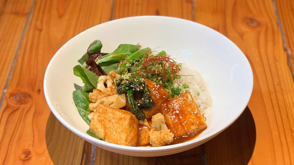 (v) Spicy Miso Fried Tofu Bowl · Fried Tofu Agedashi with spicy Miso sauce (vegetarian option)