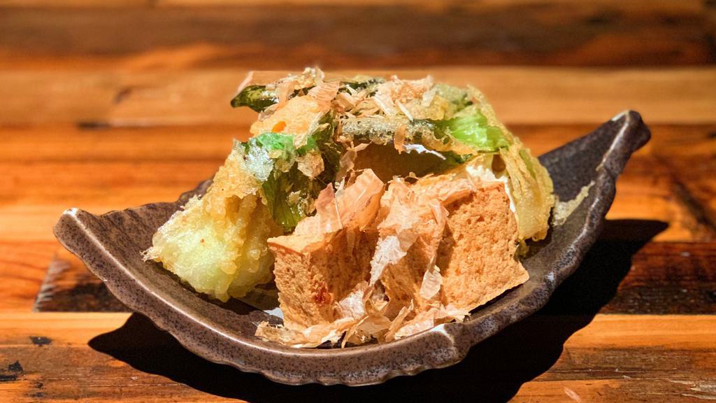 (v) Atsuage & Veggie Tempura · Deep fried tofu, vegetable tempura, comes with smoked soy sauce (vegetarian option)