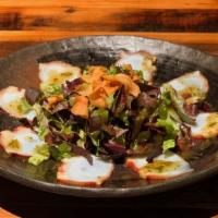 Octopus Carpaccio Salad · Smoked octopus and mixed greens with Shiso & basil dressing
