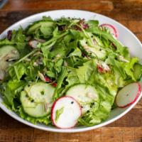Organic Greens Salad · Shaved radish and cucumber, champagne-citrus vinaigrette, spiced sunflower seeds.