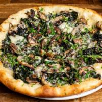 Mushroom Pizza · Roasted garlic and kale, fontina and Parmesan cheese.