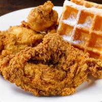 3 Pieces Chicken & Waffles · Served with your choice of Belgian style waffles (powdered sugar and maple syrup).
