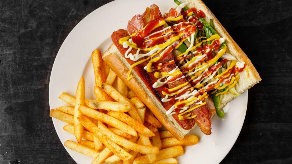 Street Dog · All beef hot dog wrapped in bacon, topped with grilled onions and jalapenos. Served with a side of fries.