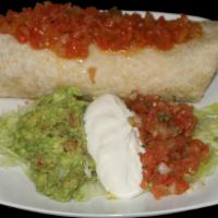 Super Burrito Sonoma
 · Choice of Meat, Rice, Beans, and Cheese, topped with Sour Cream, Guacamole, and Salsa