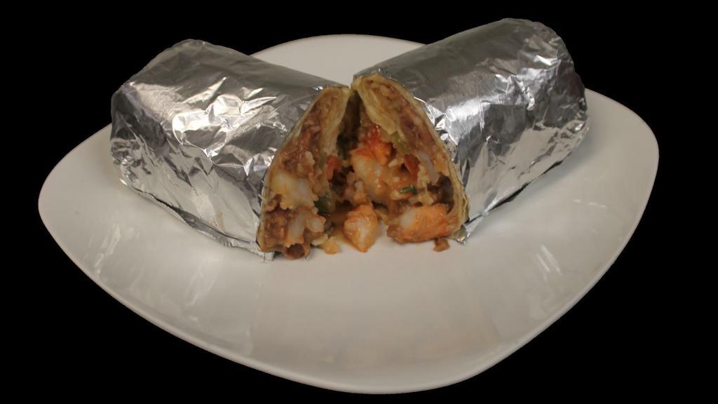 Shrimp Burrito · Choice of Diabla, Ranchero, or Grilled Shrimp, with Rice, Beans, Cheese, Sour Cream, Guacamole, and Salsa