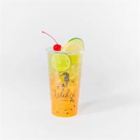 Tropical Delight · Tropical puree (mango, pineapple, passion fruit) topped with green tea (jasmine), can substi...