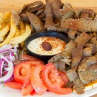Gyro Plate · Gyro meat, pita, tomatoes, onions tzatziki, fries. Choice of lamb and beef, chicken, or pork.