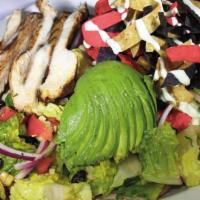 Chicken Mexican Salad · Romaine lettuce, onion, black beans, bell pepper, grilled corn, fried tortilla, cilantro, av...