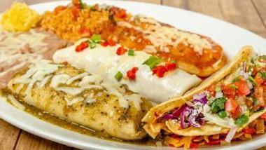 Macho Combo · Four of our most popular items on one platter. A fire-roasted pasilla chile relleno, a chicken and sour cream enchilada, a beef barbacoa crispy taco, and a hand-made chicken tamale. Served with refried beans and rice.