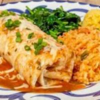 BURRITO ESPECIAL - CHICKEN MACHACA · Seasoned shredded chicken, jack cheese and ranchera sauce. Served with refried beans and rice.