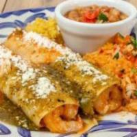 Shrimp Mazatlán Enchiladas · Sautéed with tomatoes, pasilla chiles, onions and jack cheese with fire-roasted tomatillo an...