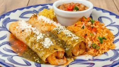 Shrimp Mazatlán Enchiladas · Sautéed with tomatoes, pasilla chiles, onions and jack cheese with fire-roasted tomatillo and tomato-jalapeño sauces. Served with frijoles de la olla and rice.