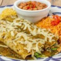 Spinach Enchiladas · Sautéed fresh spinach, pasilla chiles, onions, pico de gallo, melted jack cheese and fire-ro...