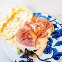 The Burlingame Sandwich · Turkey, Italian salami, prosciutto di Parma and pecorino peperoncino cheese with work.