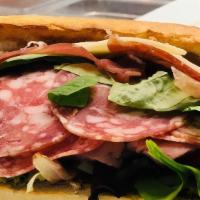 The Goodfella Sandwich · Roast beef, prosciutto di Parma, Italian salami, provolone cheese and basil with works.