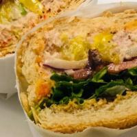 Tuna Salad Sandwich · Homemade tuna salad and pecorino peperoncino cheese with works.