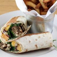 Jerk Chicken Lavash · Roasted Chicken Thigh with Jamaican Seasonings, Mangoes, Spinach, Caramelized Onions, Capers...