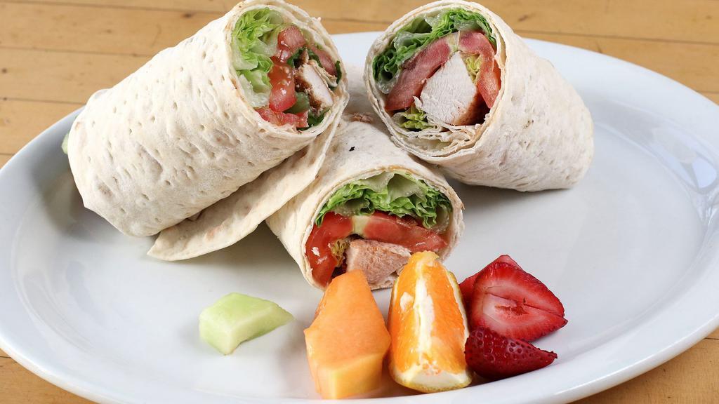 Bacon Chicken Caesar Wrap · Parmesan Cheese, Caesar Salad, Tomatoes and Mayo wrapped in Lavash Bread and
Served with Fresh Fruit.