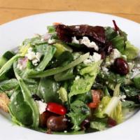 Greek Salad · Organic Mixed Greens, Romaine Hearts, Cucumbers, Tomatoes, Kalamata Olives, Red Onions, Crou...