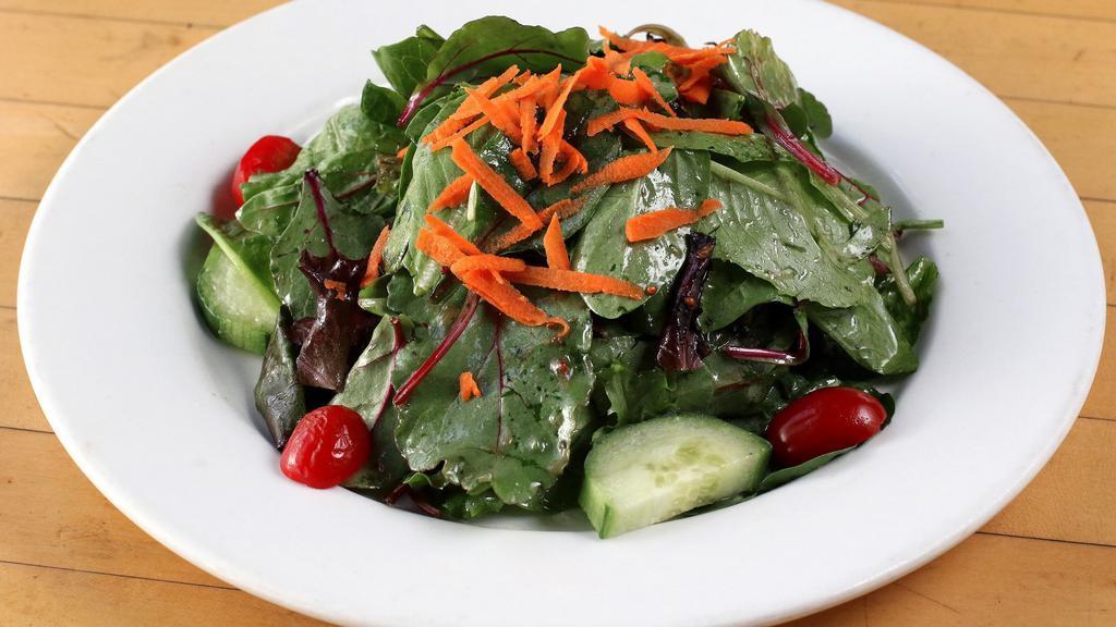 Organic Mixed Green Salad · Organic Mixed Greens, Carrots, Cucumbers, Cherry Tomatoes and Balsamic Vinaigrette