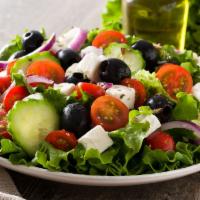 Greek Salad · Romaine hearts, tomatoes, cucumber, red onions, feta cheese, kalamata olives, lemon juice, a...
