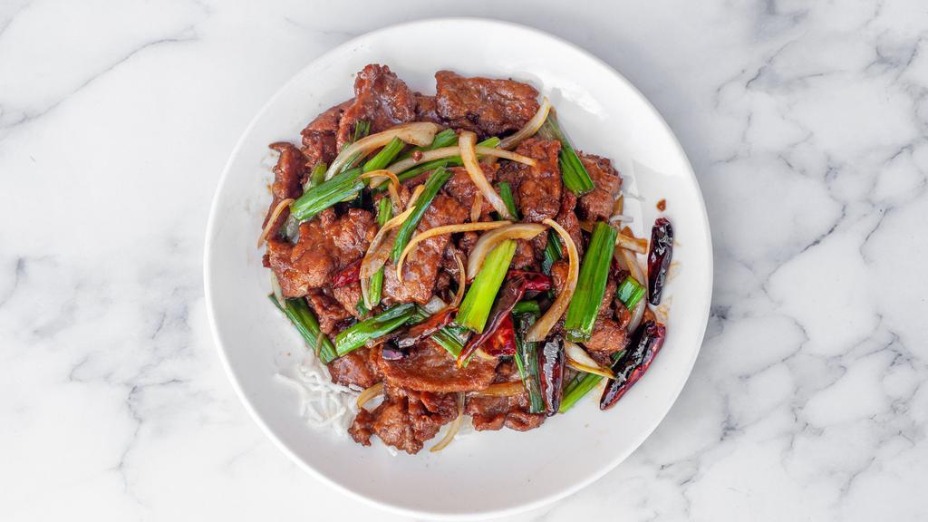 Mongolian Beef · Hot & spicy level 1. House special. Tender sliced beef stir-fried w/ dry pepper & green onions; a house favorite!