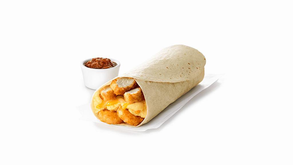 Hash Brown Scramble Burrito · A hearty morning meal of sliced Chick-fil-A Nuggets, crispy Hash Browns, scrambled eggs and a blend of Monterey Jack and Cheddar cheeses. Made fresh each morning. Rolled in a warm flour tortilla. Served with Jalapeño Salsa.