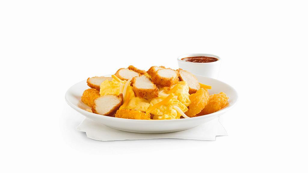 Hash Brown Scramble Bowl · A hearty morning meal of sliced Chick-fil-A Nuggets, crispy Hash Browns, scrambled eggs and a blend of Monterey
Jack and Cheddar cheeses. Made fresh each morning. Served in a convenient bowl. Served with Jalapeño Salsa.